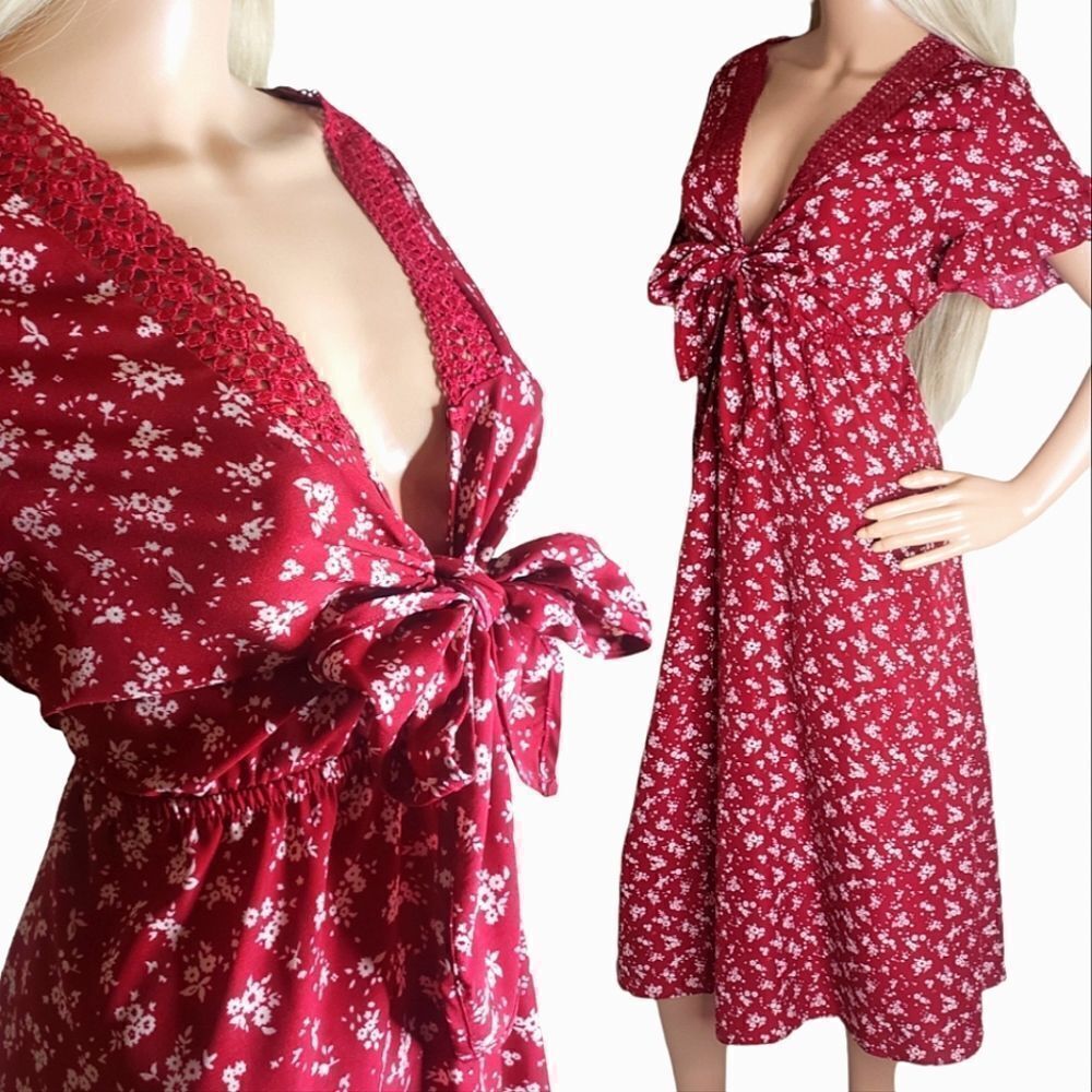 Red Floral Front-Tie Bow Ruffle Sleeved Dress